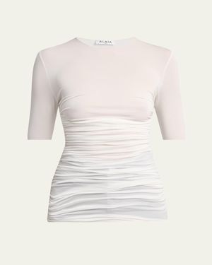 Alaïa Ruched Short-Sleeve Top - Natural