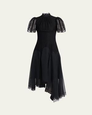 McQueen Draped Floral Lace High-Low Midi Dress - Black