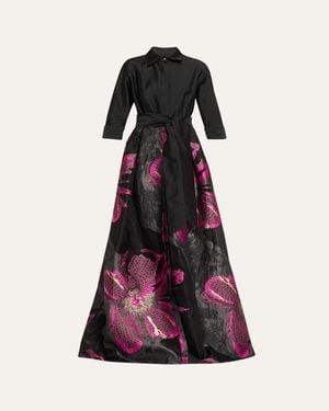 Teri Jon Metallic Floral Jacquard Shirt Gown - Pink