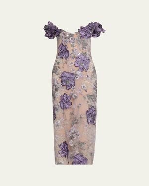 Marchesa Off-Shoulder Floral Threadwork Cocktail Dress - Purple