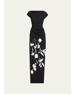 Lela Rose Floral Crepe Boat-Neck Draped Column Gown - White