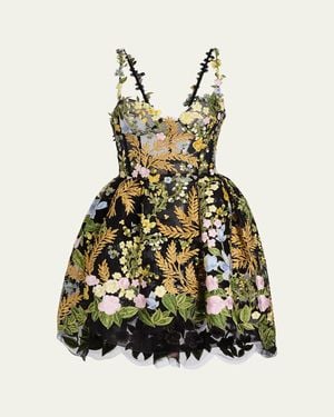 Oscar de la Renta Mixed Botanical Embroidered Tulle High-Low Bustier Dress - White
