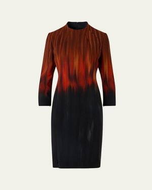 Akris Fuego-Print Long-Sleeve Wool Double-Face Slit Dress - Red