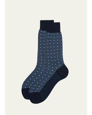 Bresciani Cotton Diamond-Woven Crew Socks - Blue