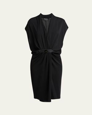 Giorgio Armani Gathered Leather Buckle Silk Dress - Black