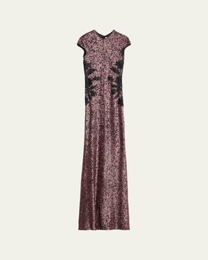 Naeem Khan Floral Applique Short-Sleeved Sequin Gown - Multicolor