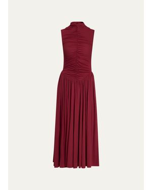 Toccin Faria Ruched Mock-Neck Jersey Midi Dress - Red