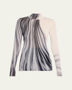 Jason Wu Dancing Pleat Printed Long-Sleeve Turtleneck Top - White