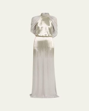 Oscar de la Renta Draped Cap-Sleeve Degrade Beaded Gown - White