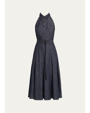 Brunello Cucinelli Sleeveless Linen Denim Belted Midi Shirtdress - Blue