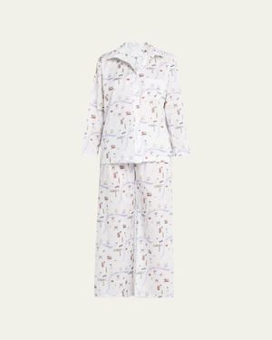 Pour Les Femmes Map-Print Cotton Pajama Set - White