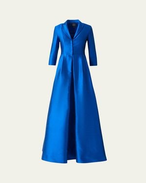 Akris Three-Quarter Sleeve Flared Long Silk Coat Dress - Blue