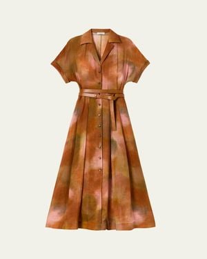 Lafayette 148 New York Notch-Lapel Belted Maxi Shirtdress - Brown