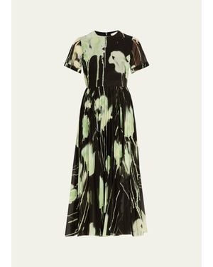 Jason Wu Pleated Watercolor-Print Midi Dress - Black