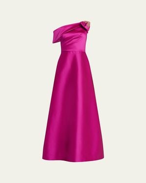 Teri Jon Draped One-Shoulder Bow Gown - Pink