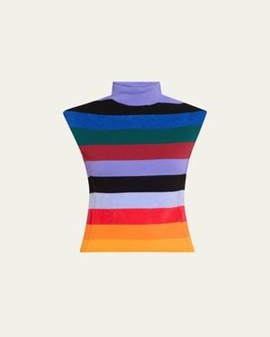 Christopher John Rogers Sleeveless Striped Mock Neck Wool Top - Blue