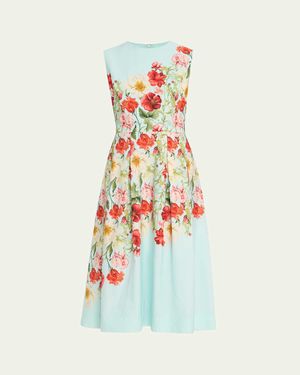 Teri Jon Pleated Floral-Print Midi Dress - White