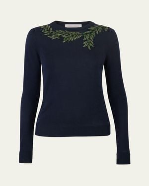 Carolina Herrera Branch Embroidered Silk-Cotton Crewneck Sweater - Blue