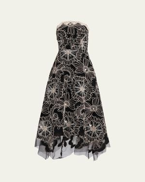 Teri Jon Strapless Floral-Embroidered Tulle Maxi Dress - White