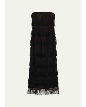 Lela Rose Strapless Tiered Macrame Lame Gown - Black