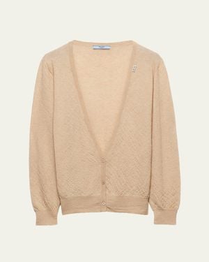 Prada Plunging V-Neck Cashmere Cardigan - Natural