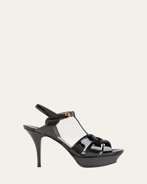 Saint Laurent Tribute Patent T-Strap Platform Sandals - Natural