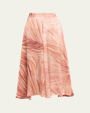Kiton Feather-Print Silk A-Line Midi Skirt - Pink
