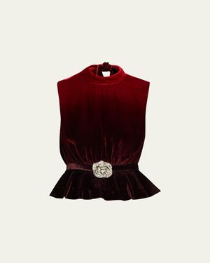 Saloni Fleur Belted High-Neck Velvet Top - Red