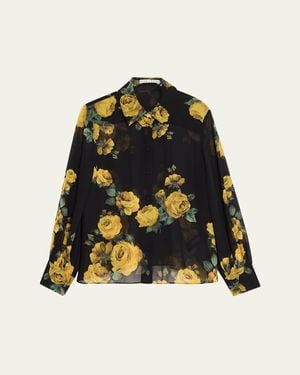 Alice + Olivia Candace Blouson-Sleeve Buttoned Shirt - Black