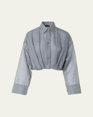Akris Plaid Cotton Voile Blouse With Pleated Waist - Blue