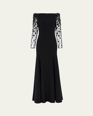 Jenny Packham Sylvia Beaded Long-Sleeve Crepe Gown - Black