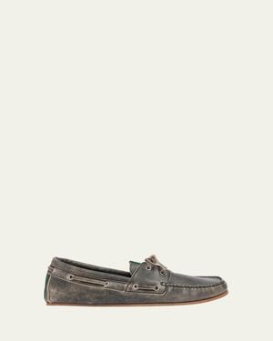 Gucci Web Washed-Effect Leather Boat Shoes - White