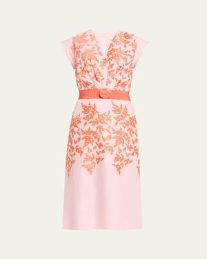 Silvia Tcherassi Embroidered Linen Midi Dress With Belt - Pink
