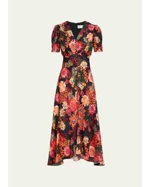 Saloni Lea Floral Silk Jacquard Button-Front Midi Dress - Red
