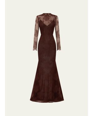 Alex Perry Sheer Lace Long-Sleeve Trumpet Gown - Brown