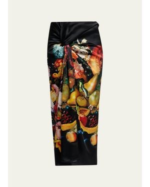 Dries Van Noten Printed Silk Twist-Front Maxi Skirt - Black