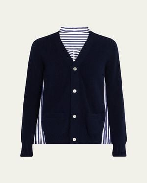 Sacai Wool Knit And Cotton Poplin V-Neck Cardigan - Blue
