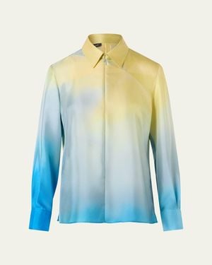 Akris Sunbeam-Print Silk Twill Zip Collared Blouse - Blue