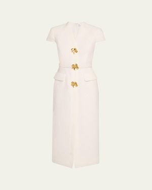 Oscar de la Renta Cap-Sleeve Slub Tweed Buttoned Midi Day Dress - Natural