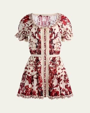 Alice + Olivia Mclaine Embroidered Puff-Sleeve Mini Dress