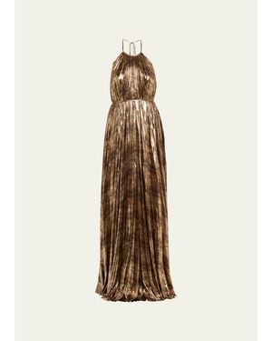 Halston Maxine Pleated Metallic Jersey Halter Gown - Natural