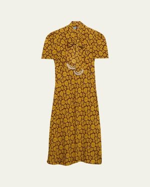Prada Sable Floral Long Dress With Scarf Tie - Metallic