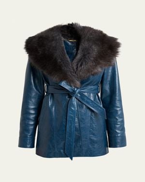 Chloé Lamb Shearling Collar Shiny Leather Short Wrap Coat - Blue