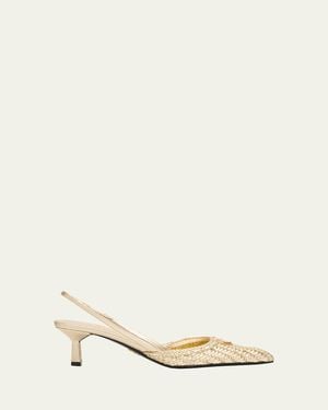 Prada 55Mm Triangle Logo Woven Leather Slingback Pumps - Natural