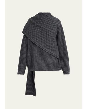 Vince Draped-Scarf Houndstooth Sweater - Blue