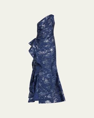 Teri Jon Metallic Jacquard One-Shoulder Side-Ruffle Gown - Blue