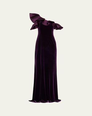 Teri Jon One-Shoulder Ruffle Velvet Gown - Blue