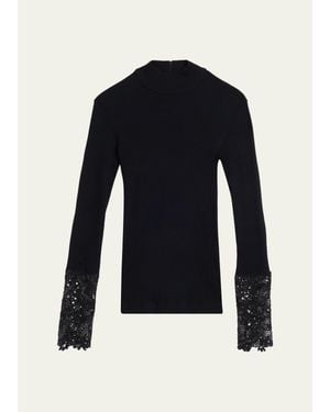 Brunello Cucinelli Lace Glow Embroidered Long-Sleeve Top - Blue