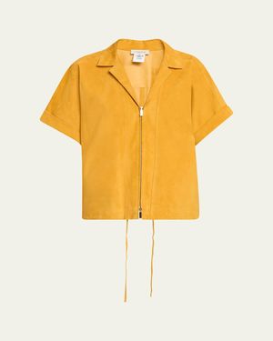 Lafayette 148 New York Zip-Front Suede Blouse - Yellow