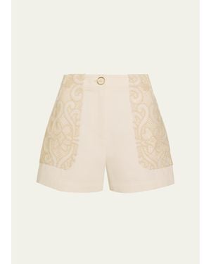 Ramy Brook Hilary Embroidered High-Rise Shorts - Natural